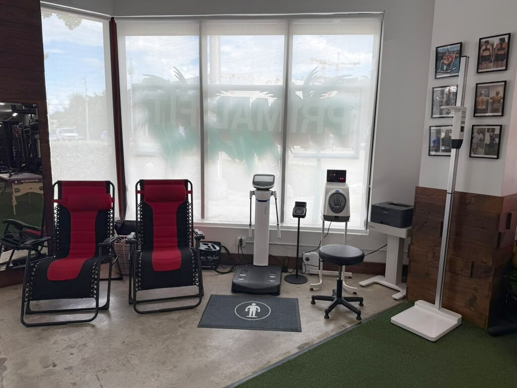 Primal Longevity Assessment equipment at Primal Fit Miami, including the InBody 580 body-composition analyzer.